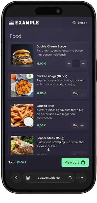 Ventable ordering app on a phone