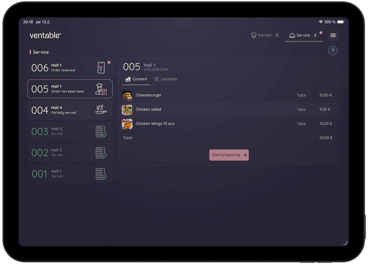 Ventable management dashboard on a tablet