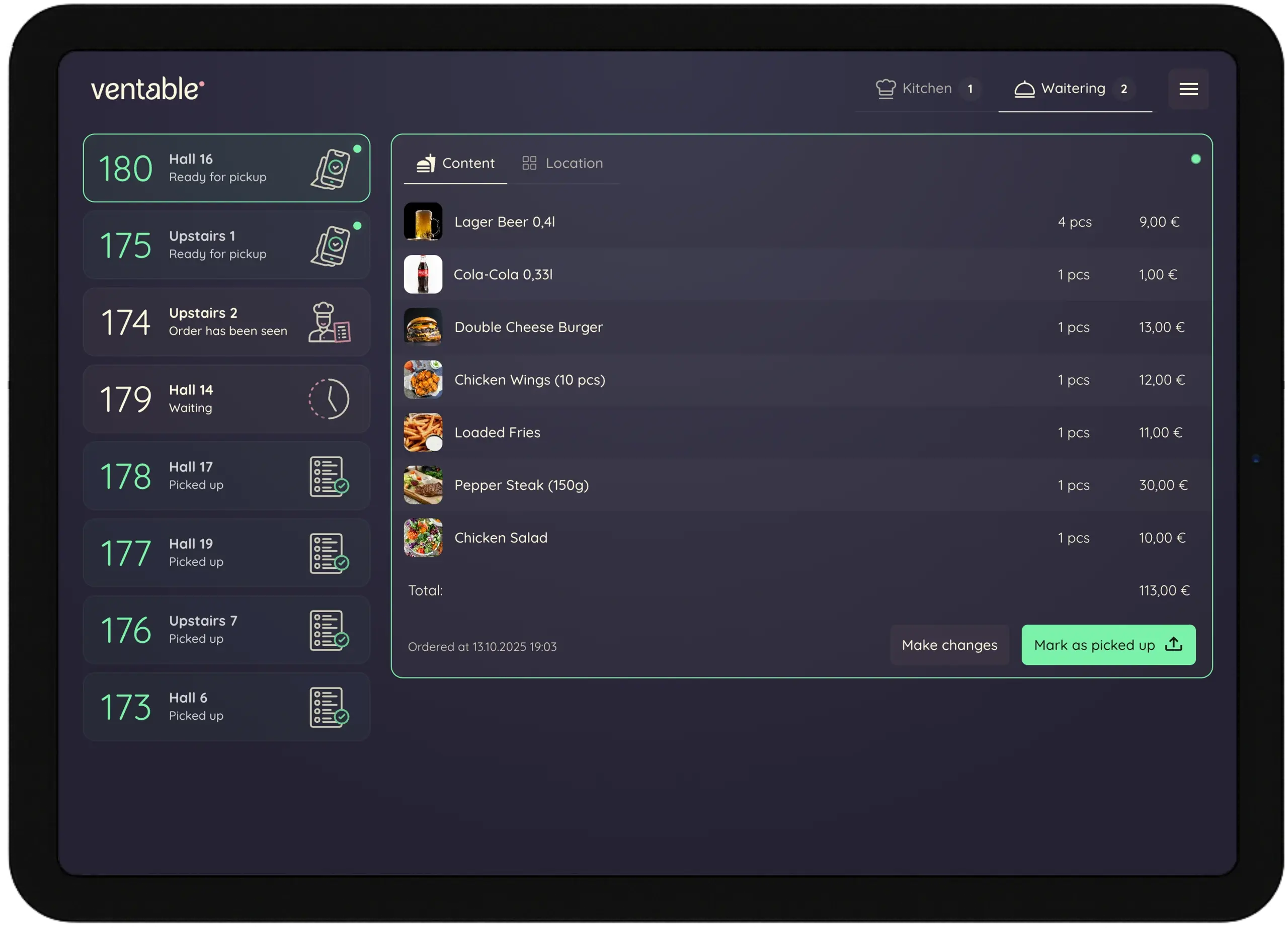 Ventable management dashboard on a tablet